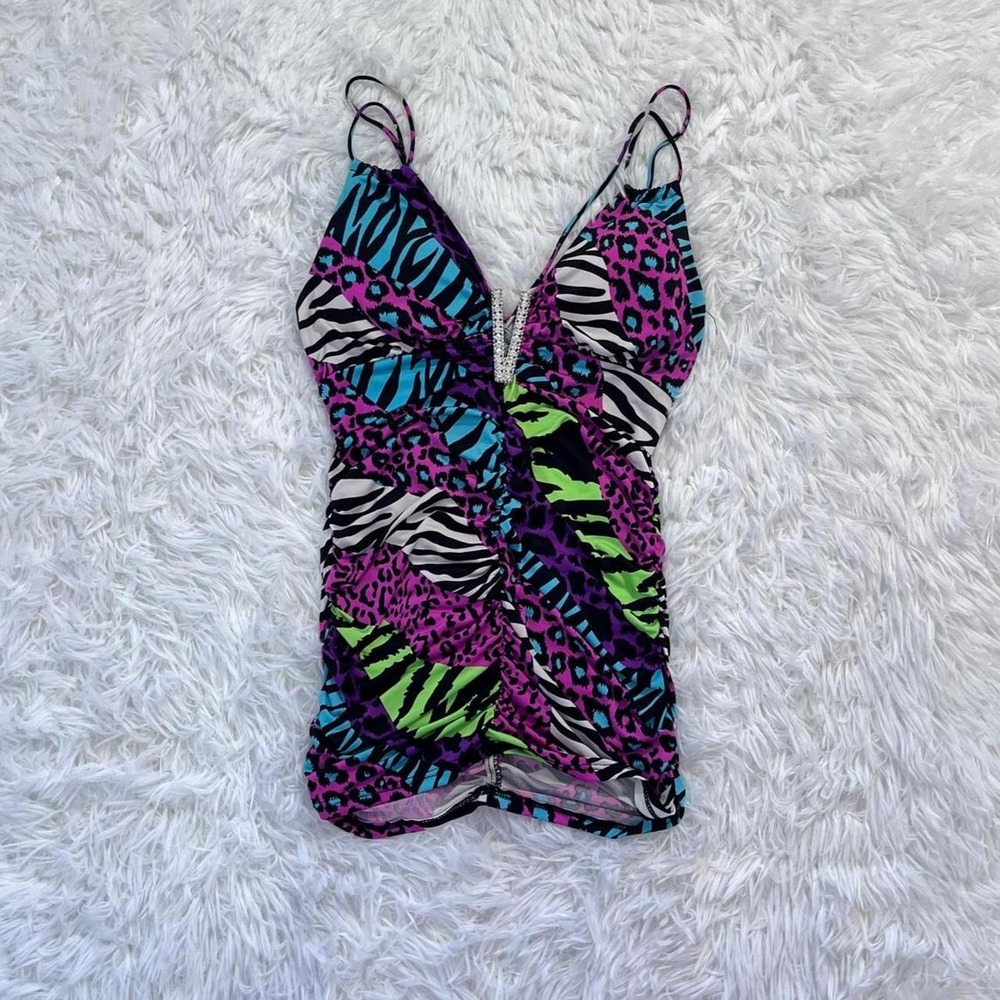 y2k multicolored zebra print rhinestone cross back ruffle tank top small